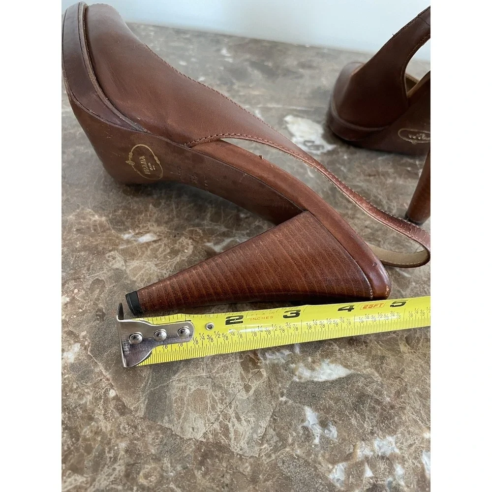 PRADA Brown Leather Platform Pumps Sling Back Wood Cone Heel Peep Toe 38.5 - 8.5